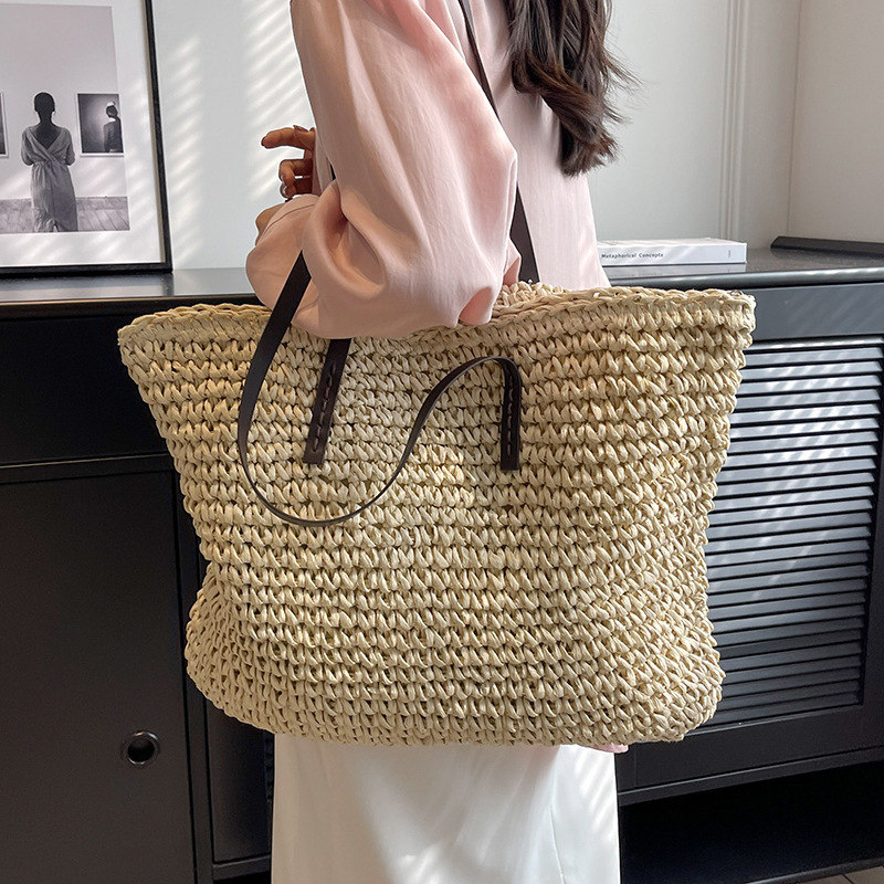Strandtasche für Damen ⎜ Geflochtene Schultertasche mit Reißverschluss und großer Kapazität für Sommer und Freizeit