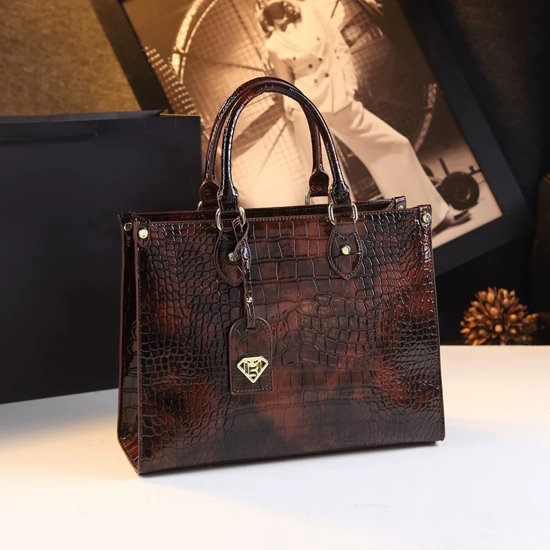 Damen Handtasche mit Krokoprägung ⎜ Elegante Schultertasche für Büro und Alltag mit glänzendem Finish und Kurzgriffen
