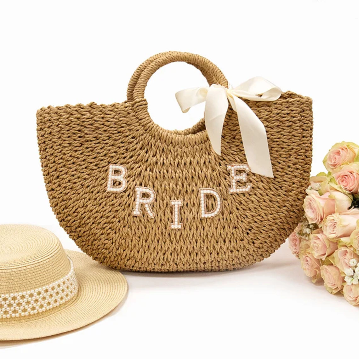 Damen Strohtasche Mit Schriftzug ⎜ Personalisierte Handtasche Mit Schleife Für Sommer, Strand Und Hochzeit
