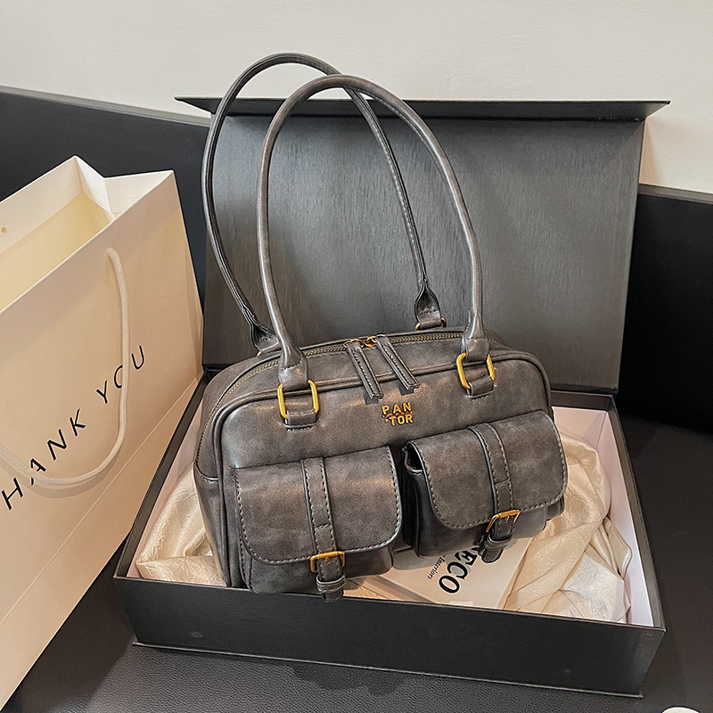 Damen Schultertasche Vintage ⎜ Geräumige Boston-Tasche mit Zwei Frontfächern und Stabilem Grif