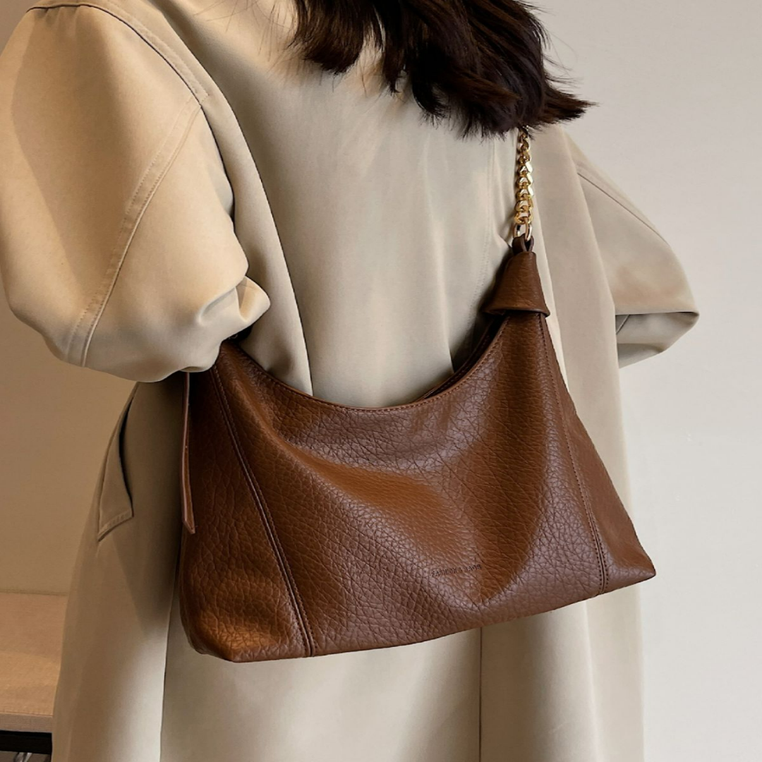 Damen Schultertasche aus Leder ⎜ Elegante Hobo Bag mit Kette für Alltag und Büro