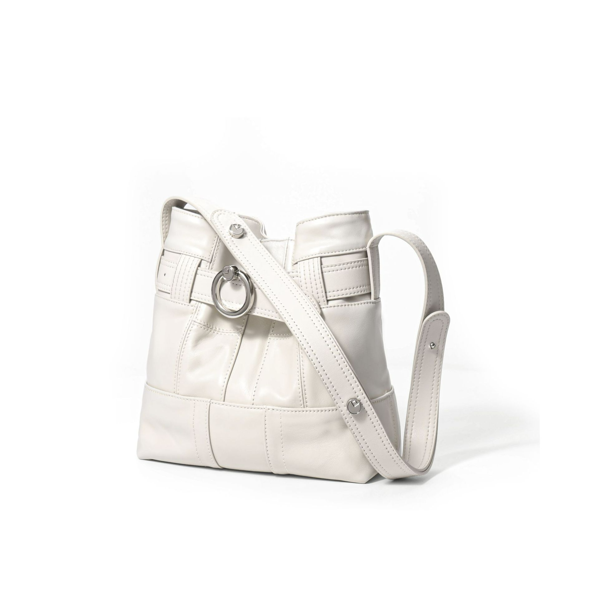Umhängetasche für Damen ⎜ Modische Bucket-Bag in Lederoptik mit Ringdetail und Ziernähten für Alltag und Ausgehen