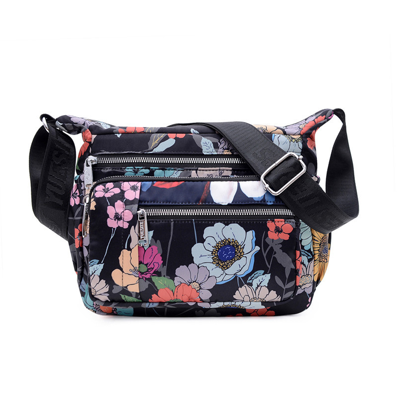 Umhängetasche für Damen ⎜ Leichte Schultertasche aus Nylon mit buntem Print und mehreren Reißverschlussfächern