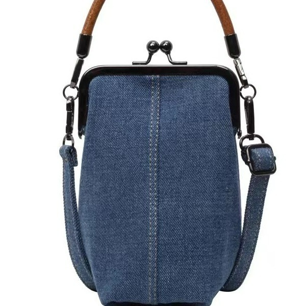 Damen Umhängetasche aus Denim ⎜ Lässige Handtasche mit Bügelverschluss und Kurzem Tragegriff