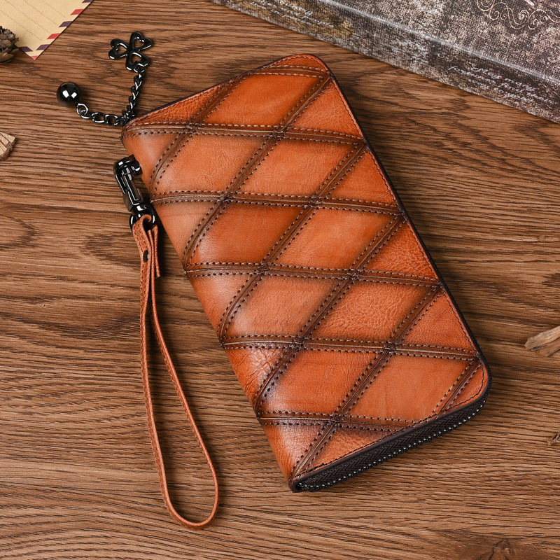 Damen Handy Tasche mit Reißverschluss ⎜ Lange Geldbörse aus Leder mit Rautenmuster und viel Stauraum