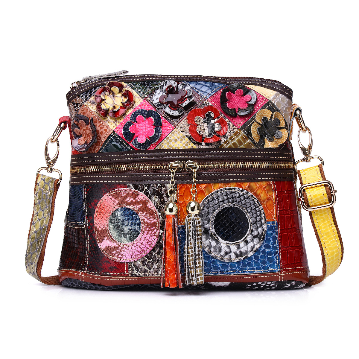 Damen Umhängetasche Aus Echtleder ⎜ Bunte Tasche Mit Blumen Und Fransen Für Alltag