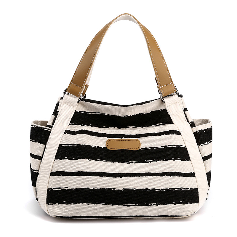 Canvas Schultertasche für Damen ⎜ Große Tasche mit Streifen und viel Stauraum für Alltag und Reise