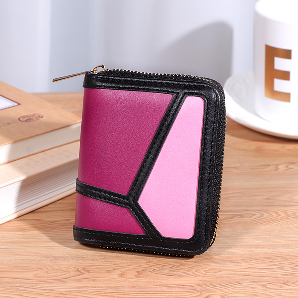 Damen Geldbörse mit Reißverschluss ⎜ Kompaktes Portemonnaie mit Farbkontrast und geometrischem Patchwork-Design