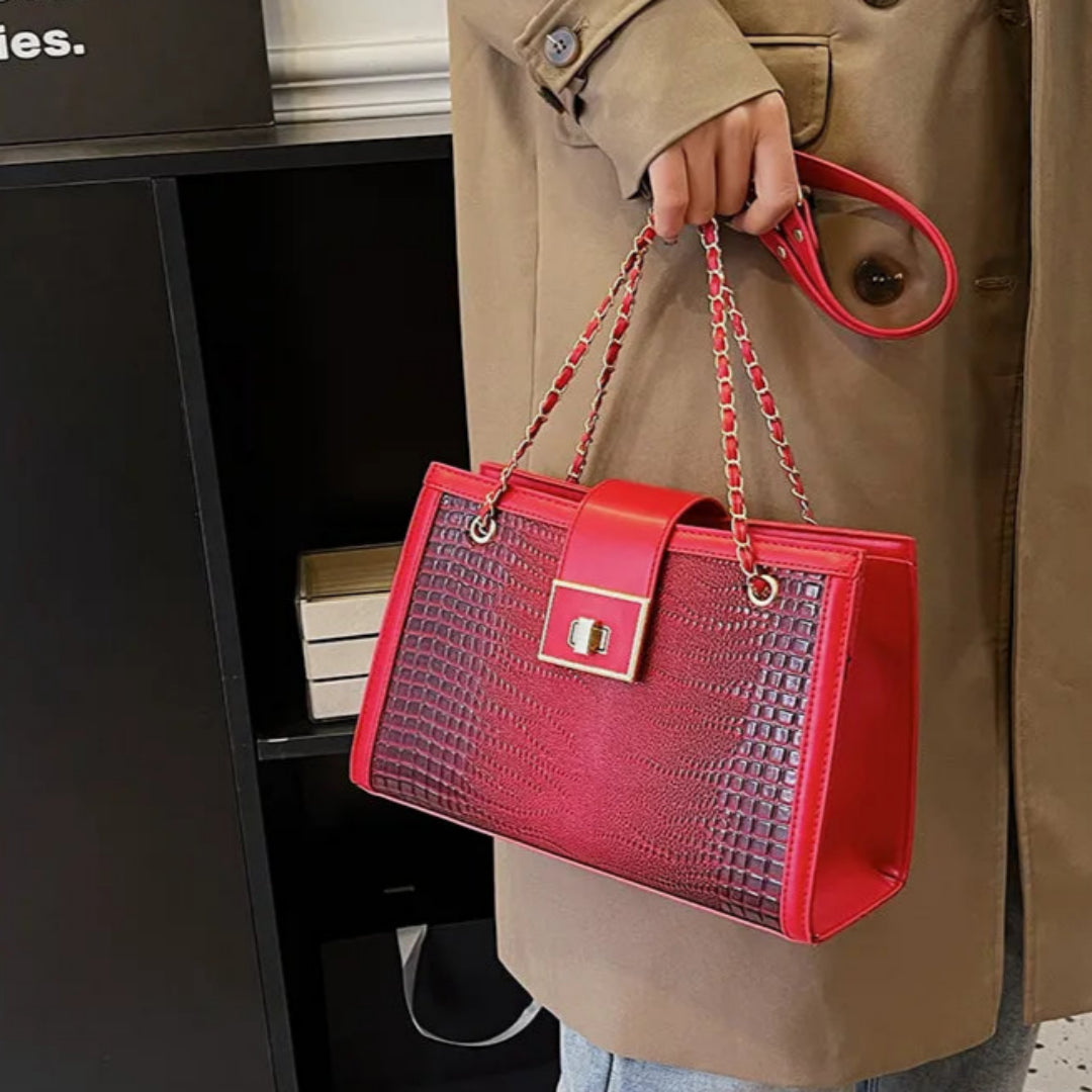 Schultertasche für Damen ⎜ Stilvolle Alltagstasche mit Krokoprägung und goldener Kette für Büro und Freizeit