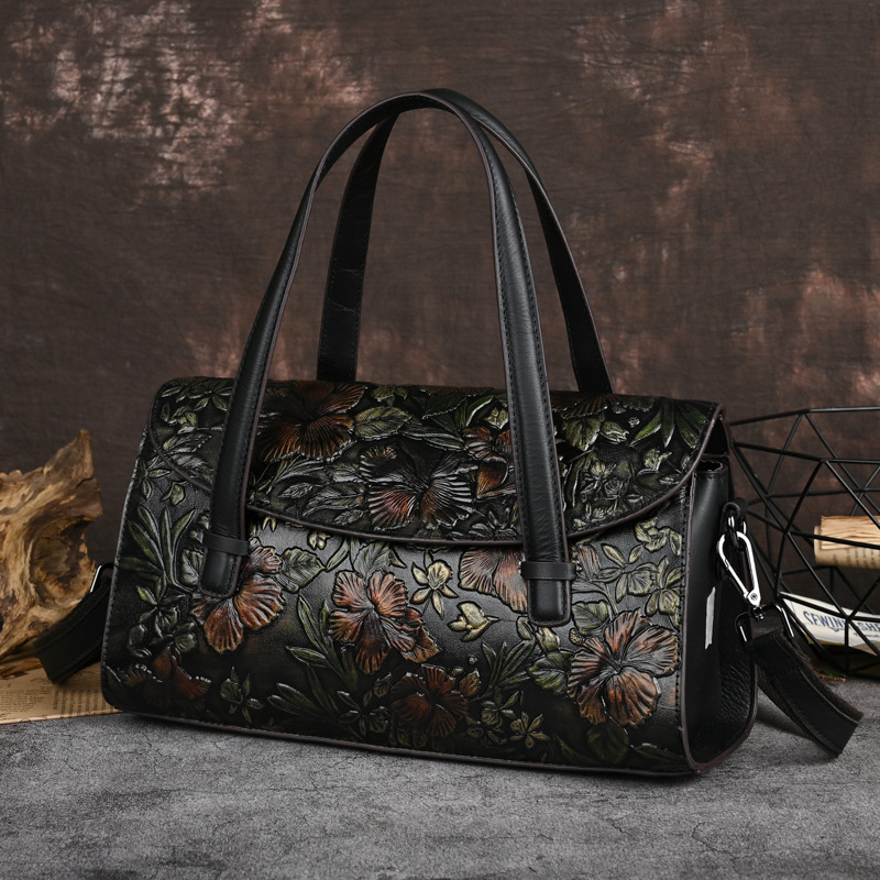 Handtasche für Damen ⎜ Retro-Schultertasche aus Lederoptik mit Blumenmuster und abnehmbarem Riemen