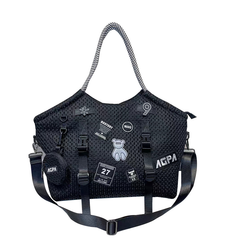 Shopper Tasche für Damen ⎜ Große Schultertasche aus wasserabweisendem Mesh-Nylon mit Applikationen für Alltag und Reisen