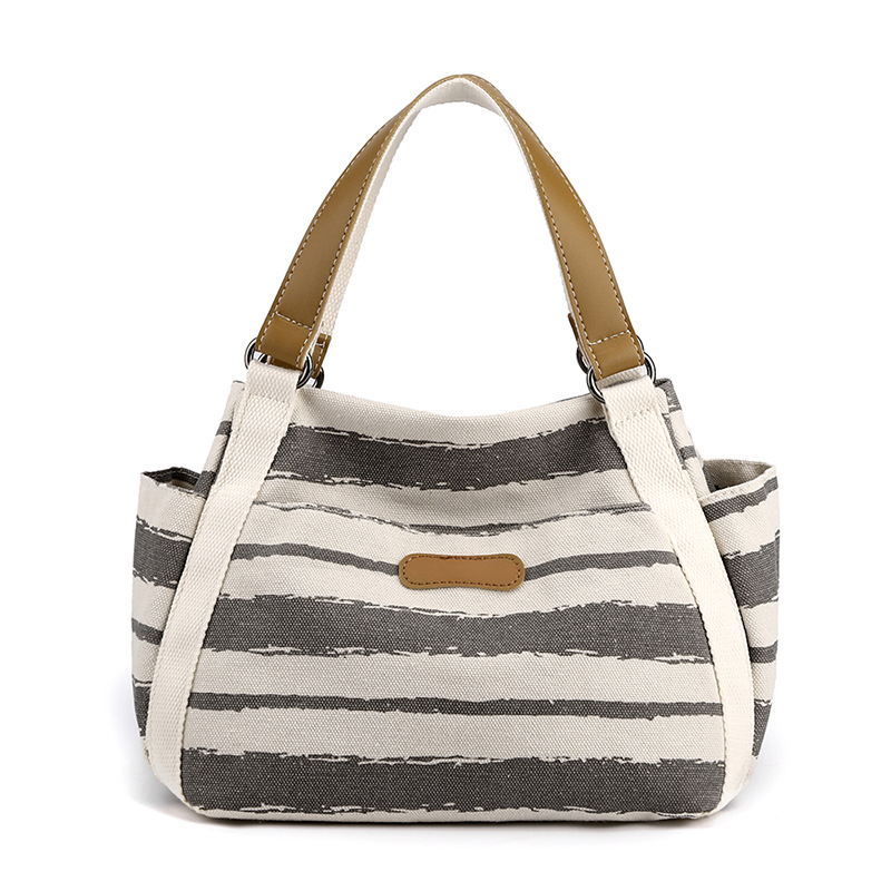 Canvas Schultertasche für Damen ⎜ Große Tasche mit Streifen und viel Stauraum für Alltag und Reise