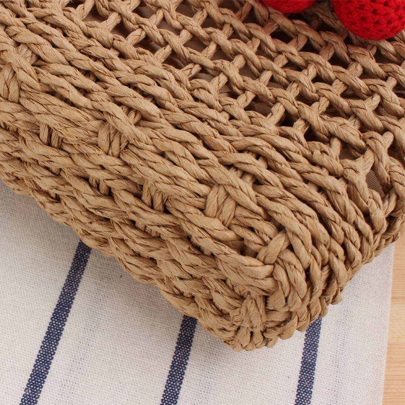 Strandtasche für Damen aus Papierseil ⎜ Handgefertigte Korbtasche mit Kirschmotiv und Verspieltem Design