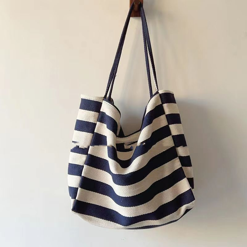 Shopper Tasche für Damen ⎜ Gestreifte Canvas-Tasche mit Kordelgriffen und viel Platz für Alltag und Freizeit