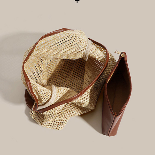 Strandtasche aus Strohgeflecht ⎜ Große Schultertasche mit Retro-Design und Innenfach aus Kunstleder