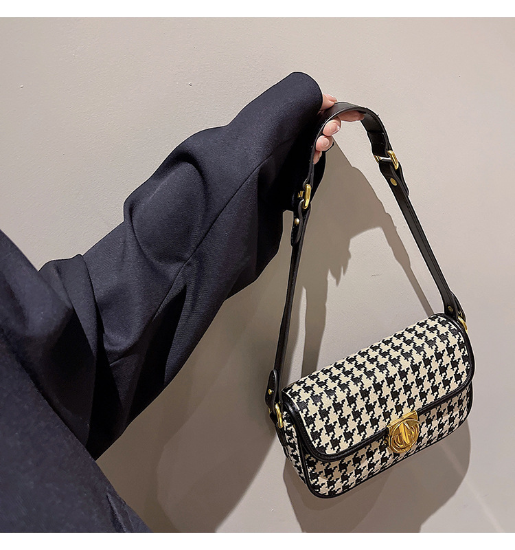 Damen Baguette Tasche ⎜ Schultertasche mit Hahnentrittmuster und Drehverschluss für stilvolle Outfits