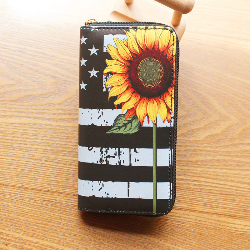 Damen Geldbörse mit Sonnenblumenmuster ⎜ Schlankes Portemonnaie mit Reißverschluss und viel Stauraum