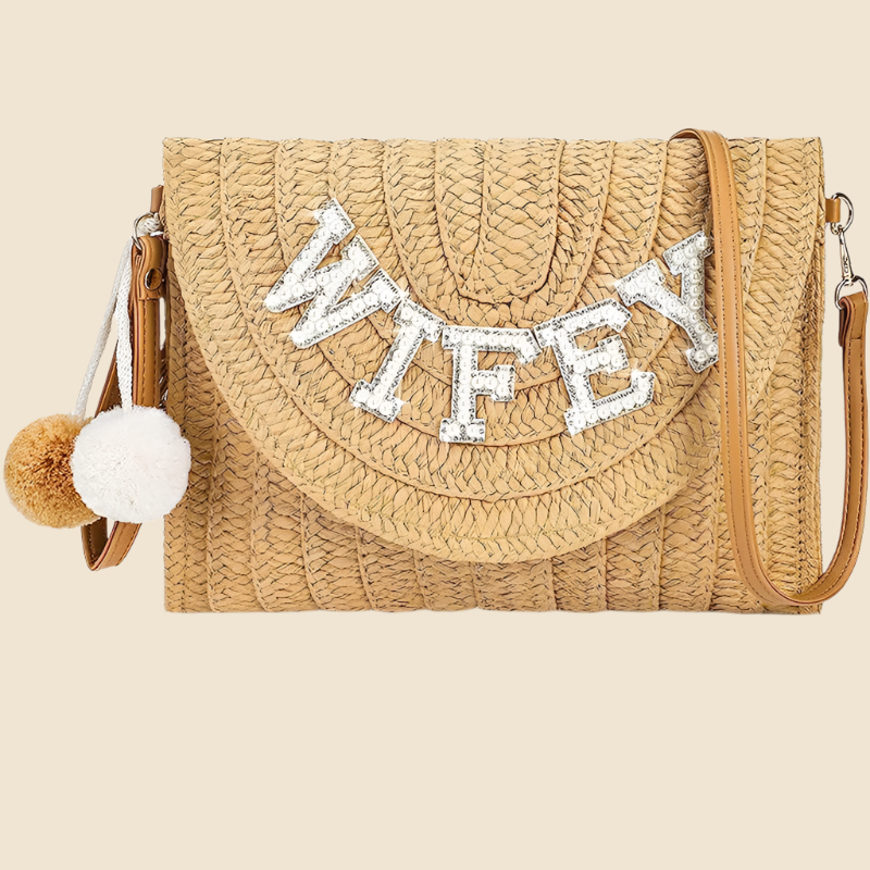 Umhängetasche aus Stroh für Damen ⎜ Stilvolle Clutch mit BRIDE-Schriftzug und Pompons für Junggesellinnenabschied