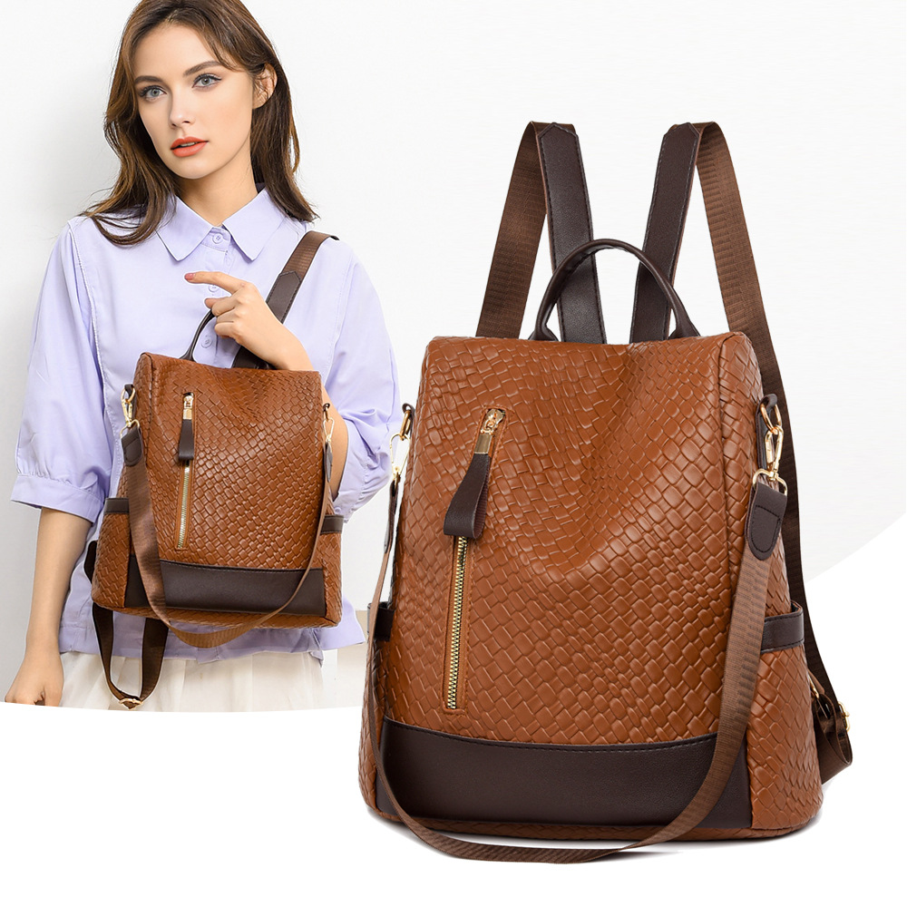 Damen Rucksack aus Weichem Leder ⎜ Modischer Flechtstil mit Reißverschluss und verstellbaren Schulterriemen