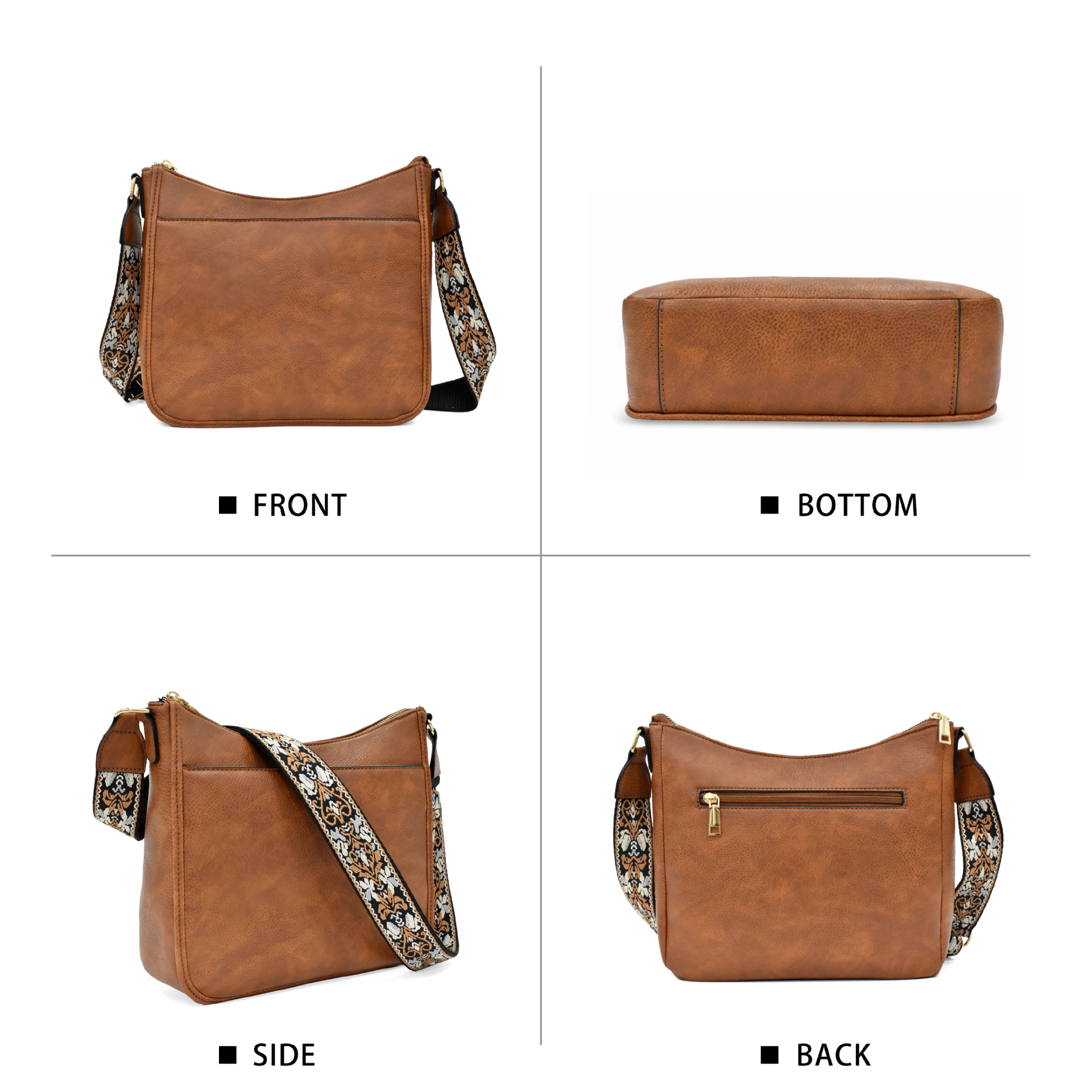 Damen Umhängetasche im Retro-Look ⎜ Schlichte Schultertasche mit gemustertem Gurt und großem Hauptfach