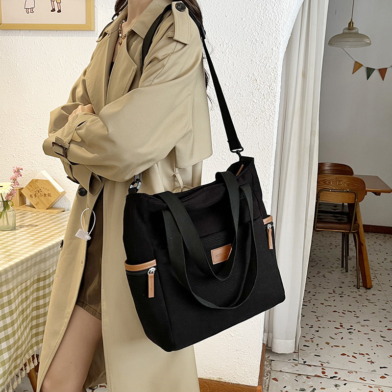 Beige Tote Bag für Damen ⎜ Robuste Cord-Tasche mit Leder-Details und Verstellbarem Schulterriemen