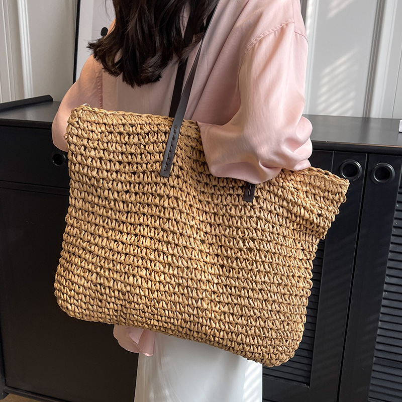 Strandtasche für Damen ⎜ Geflochtene Schultertasche mit Reißverschluss und großer Kapazität für Sommer und Freizeit