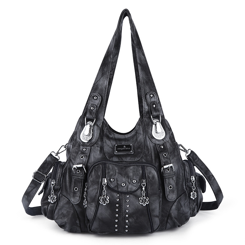 Damen Schultertasche mit Zieranhängern ⎜ Modisches Design mit praktischen Außentaschen und verstellbarem Gurt