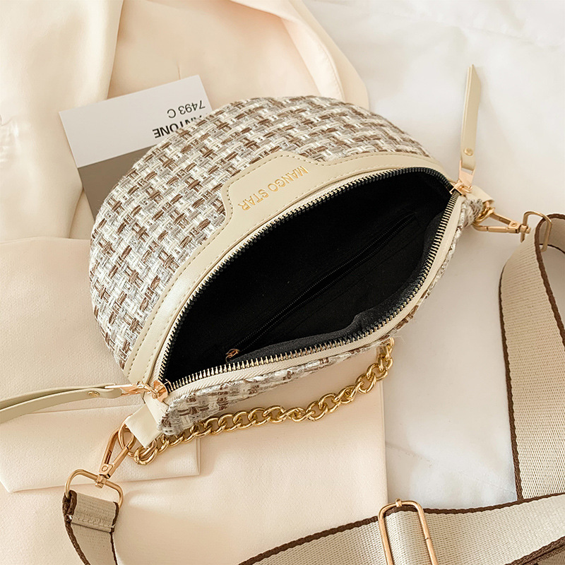 Damen Schultertasche mit Kettenriemen ⎜ Modisches Tweed-Design mit Reißverschluss und breitem Tragegurt