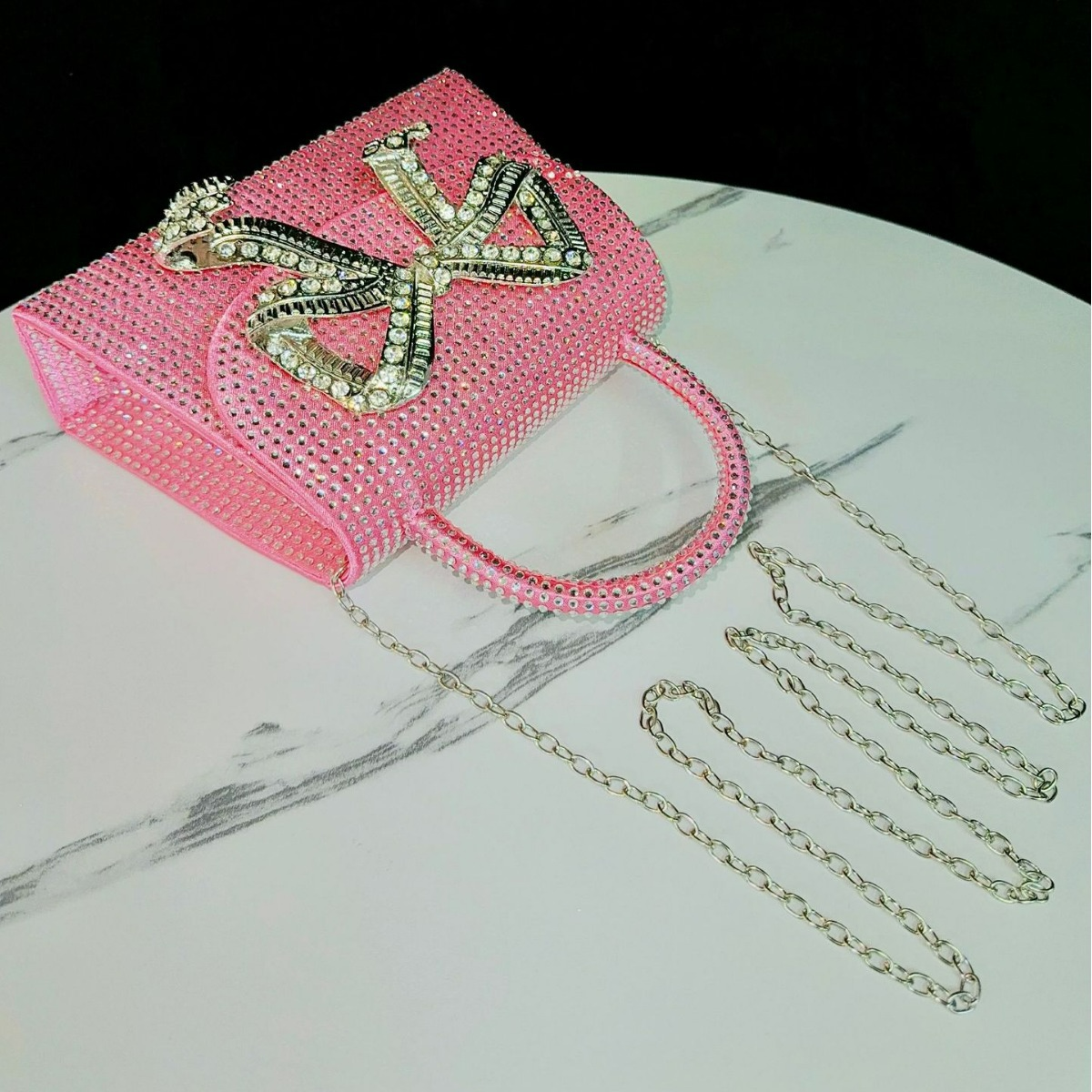 Abendtasche mit Strassbesatz ⎜ Glitzernde Handtasche für Damen mit Schleifendetail und Abnehmbarem Schulterriemen