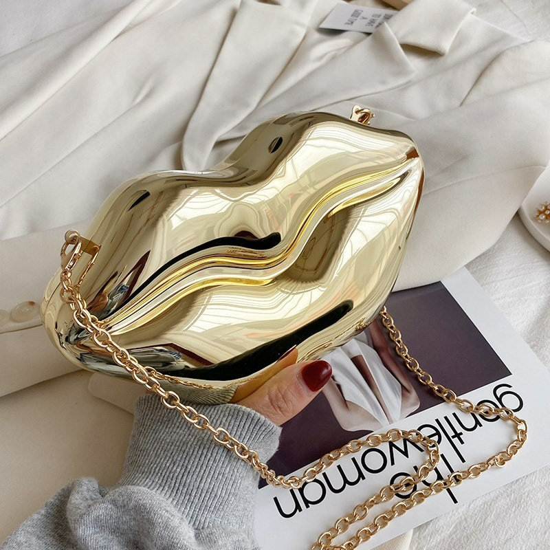Damen Umhängetasche mit Kette ⎜ Glänzende Schultertasche in Lippenform für Partys und besondere Anlässe