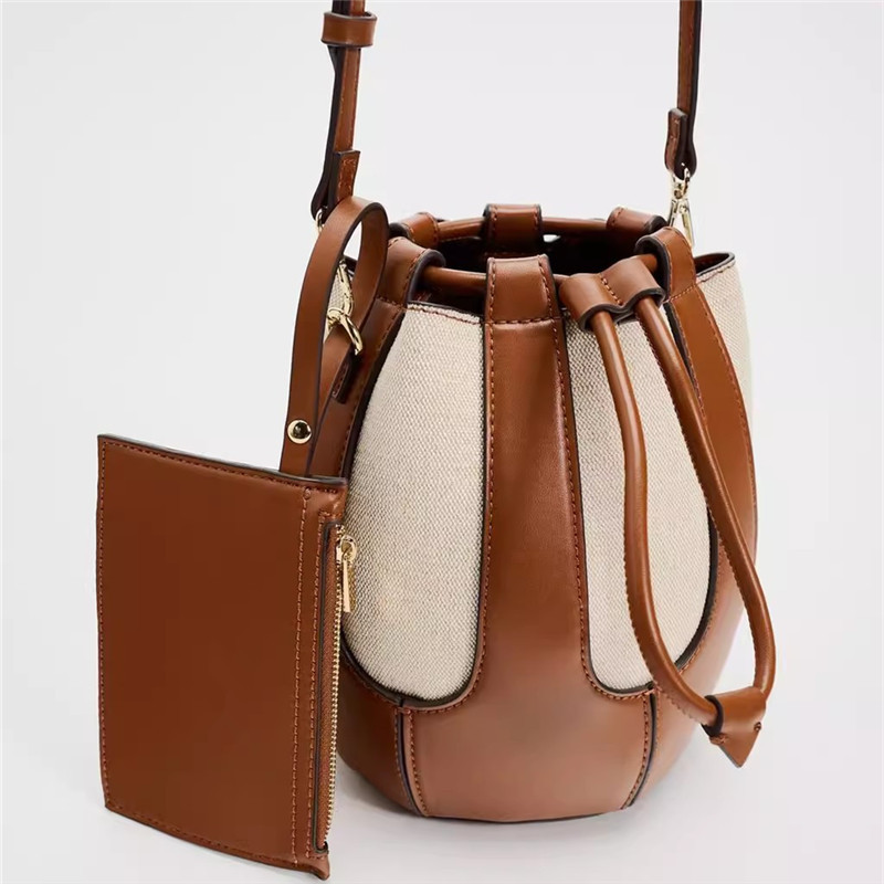 Damen Umhängetasche im Bucket-Stil ⎜ Modische Canvas-Tasche mit Kordelzug und verstellbarem Schulterriemen