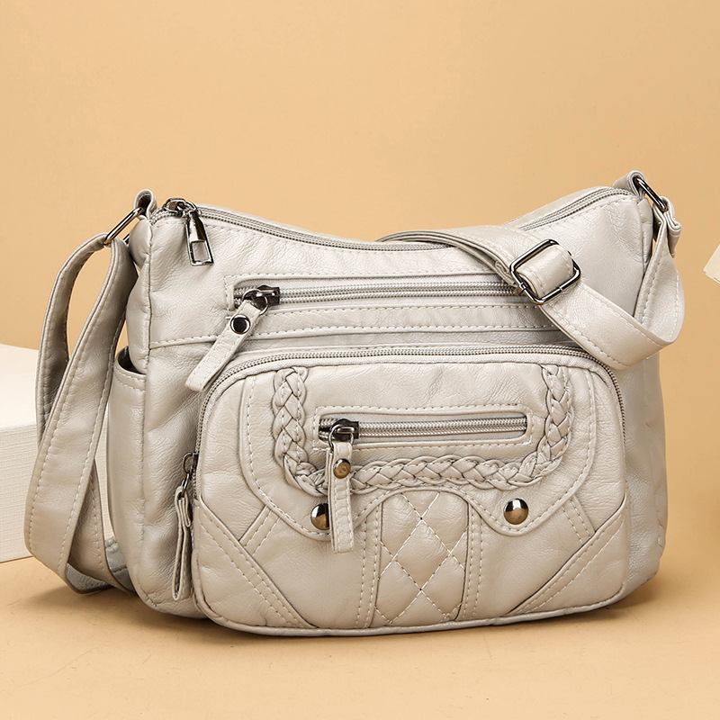Umhängetasche für Damen ⎜ Weiche Schultertasche aus Leder mit Ziernähten und praktischen Reißverschlussfächern