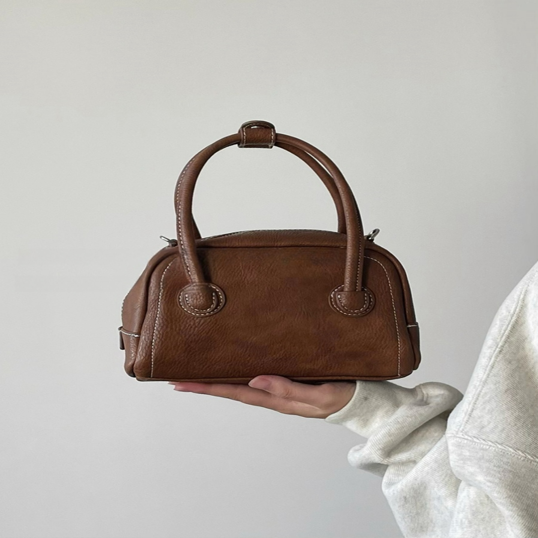 Damen Handtasche mit Schultergurt ⎜ Kompakte Bowling Bag aus Leder für Freizeit und Alltag