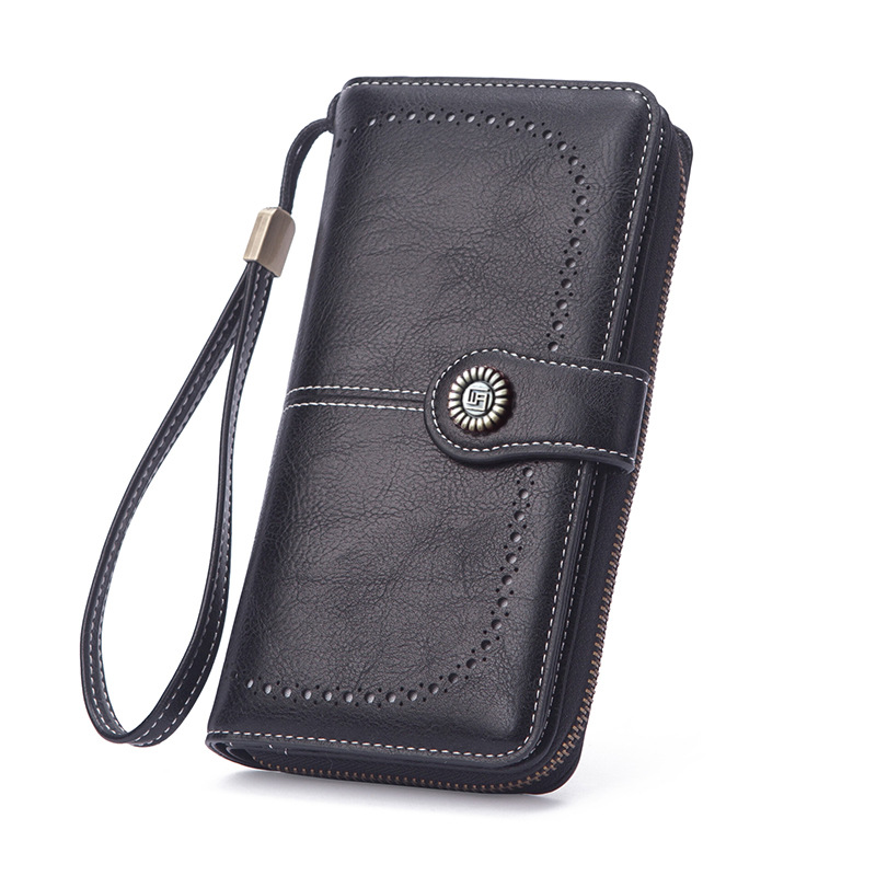Lange Damen Geldbörse aus Leder ⎜ Retro Portemonnaie mit Druckknopfverschluss und abnehmbarem Handgelenkriemen
