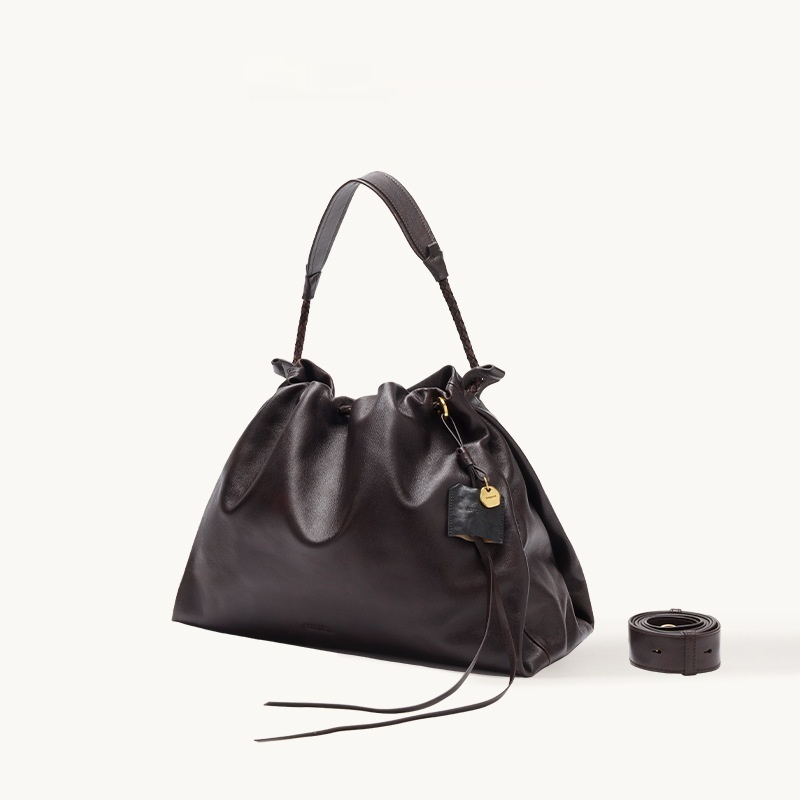 Damen Schultertasche aus Leder ⎜ Große Beuteltasche mit Kordelzug und variablem Trageriemen