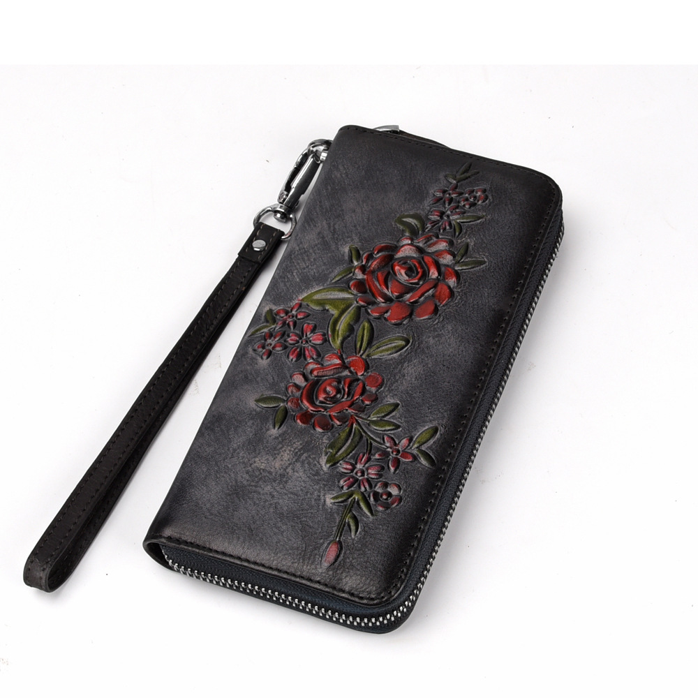 Damen Geldbörse aus Echtleder ⎜ Handtasche mit Rosenprägung, Reißverschluss und abnehmbarem Handgelenkriemen