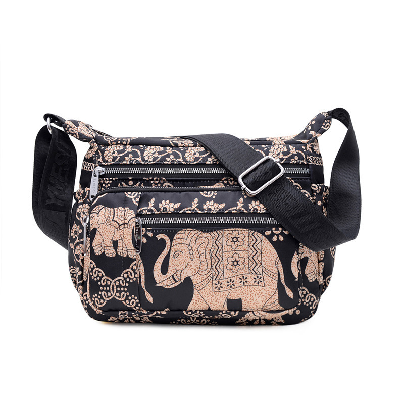 Umhängetasche für Damen ⎜ Leichte Schultertasche aus Nylon mit buntem Print und mehreren Reißverschlussfächern