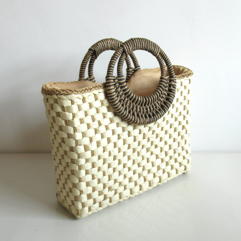 Strohtasche mit Rundgriffen ⎜ Kleine Handtasche für Sommer, Picknick oder Strand mit kompaktem Design