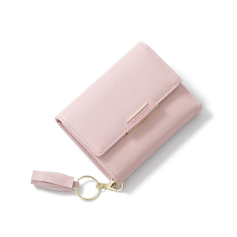 Damen Kurz-Geldbörse mit Quaste ⎜ Faltbare Mini-Brieftasche im schlichten Design mit Schlüsselring und Druckknopf