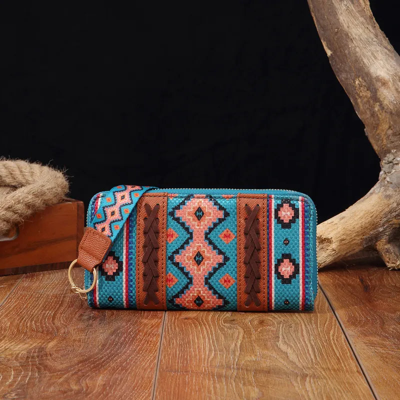 Damen Geldbörse im Boho-Stil ⎜ Handliche Brieftasche aus Stoff mit Reißverschluss und praktischem Trageband