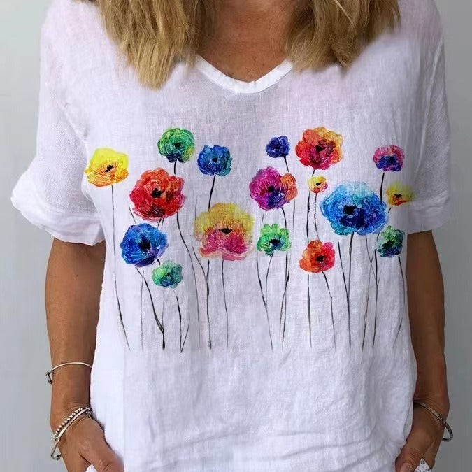 Karen - Lässige Damenhemd mit Retro-Blumenmuster aus Baumwolle und Leinen