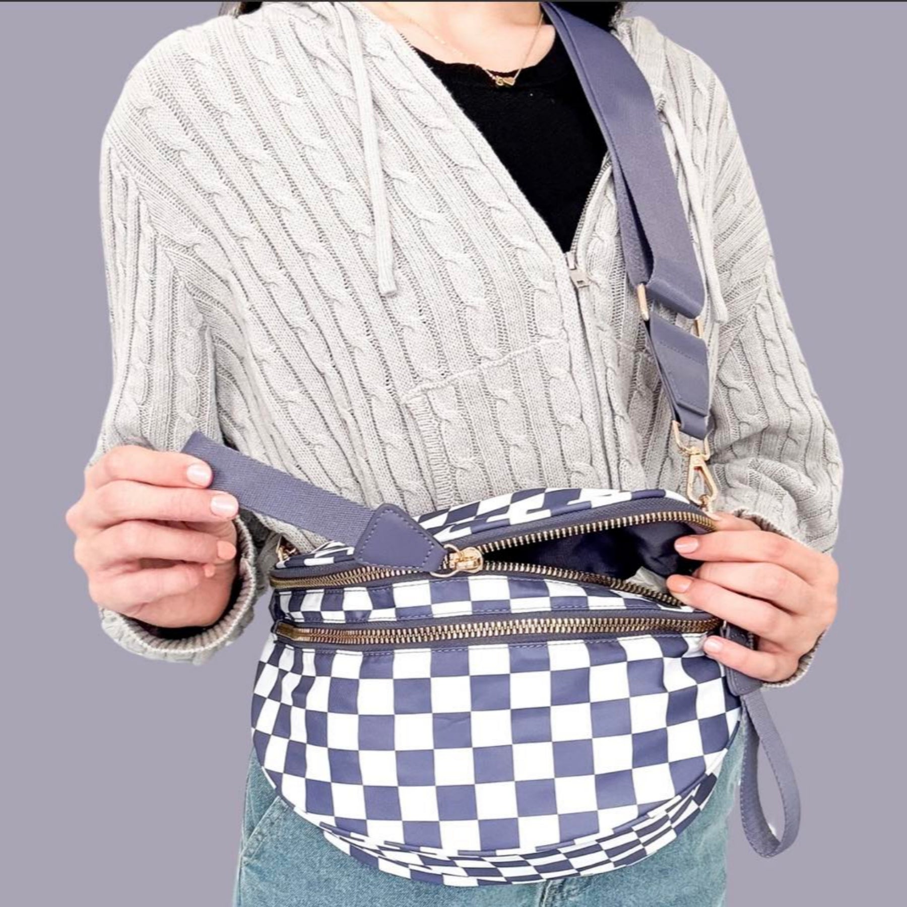 Umhängetasche für Damen ⎜ Schachbrett-Design mit doppeltem Reißverschluss und verstellbarem Schulterriemen