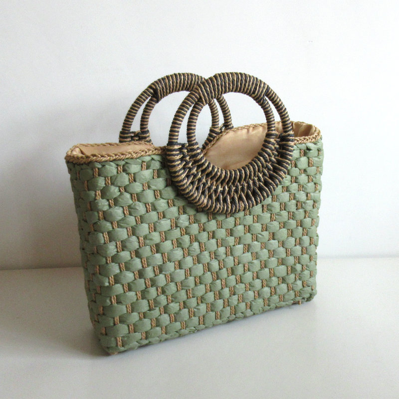 Strohtasche mit Rundgriffen ⎜ Kleine Handtasche für Sommer, Picknick oder Strand mit kompaktem Design
