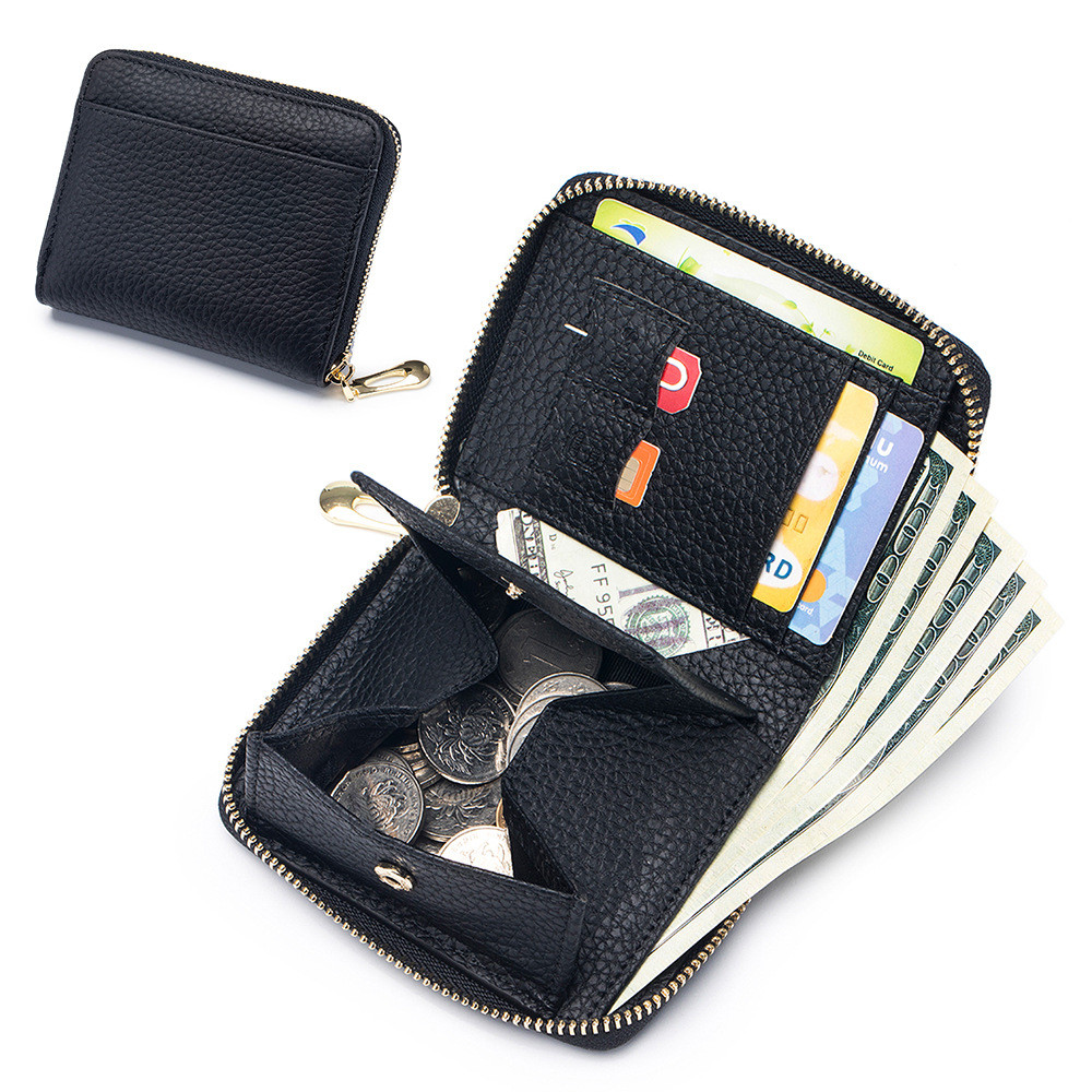 Damen Kurz-Geldbörse aus Leder ⎜ Multifunktionale Brieftasche mit Reißverschluss und kompakter Aufteilung