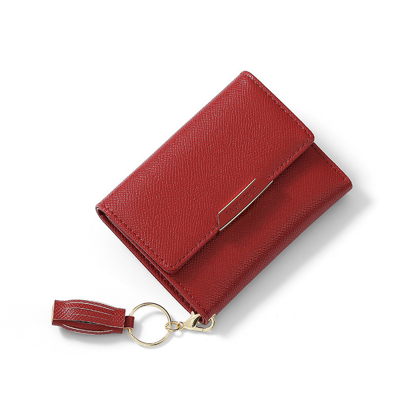 Damen Kurz-Geldbörse mit Quaste ⎜ Faltbare Mini-Brieftasche im schlichten Design mit Schlüsselring und Druckknopf