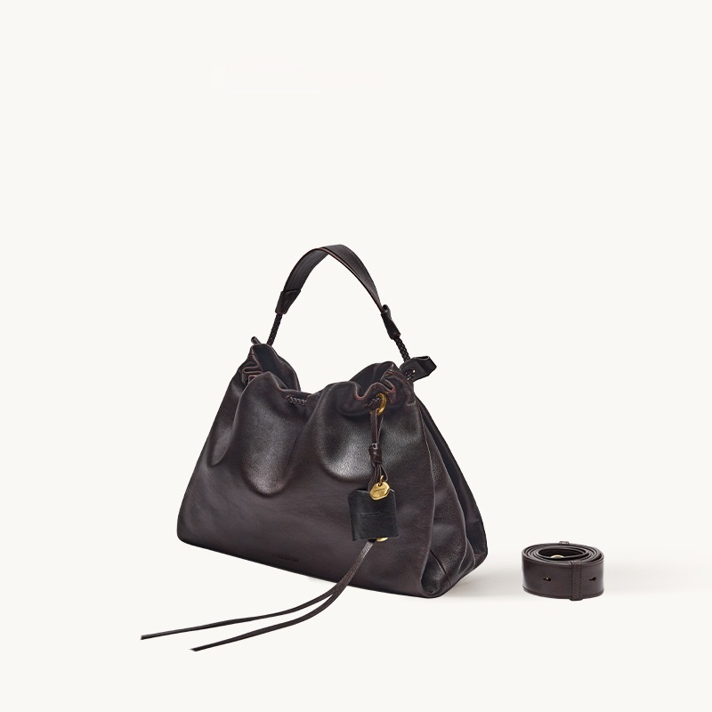 Damen Schultertasche aus Leder ⎜ Große Beuteltasche mit Kordelzug und variablem Trageriemen