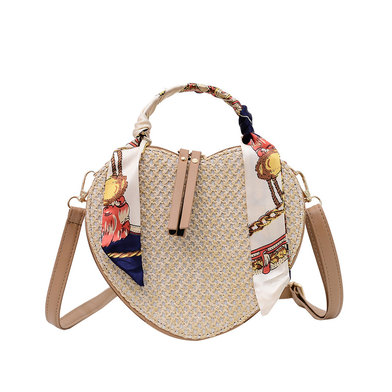 Umhängetasche für Damen ⎜ Runde Handtasche aus Stroh mit Seidenschal und Platz für Handy und Kleinigkeiten