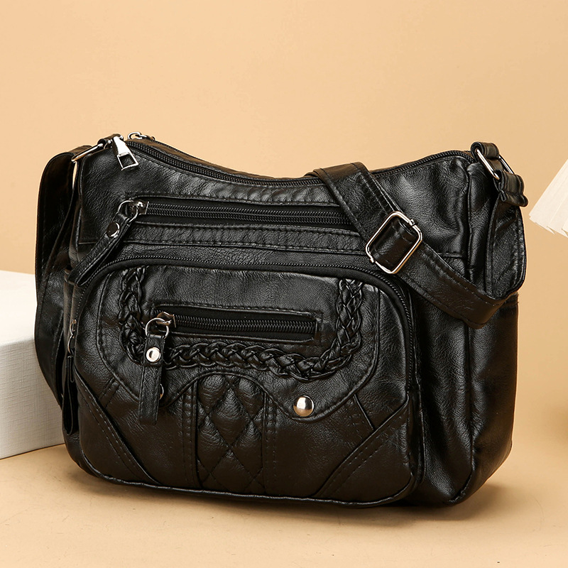 Umhängetasche für Damen ⎜ Weiche Schultertasche aus Leder mit Ziernähten und praktischen Reißverschlussfächern
