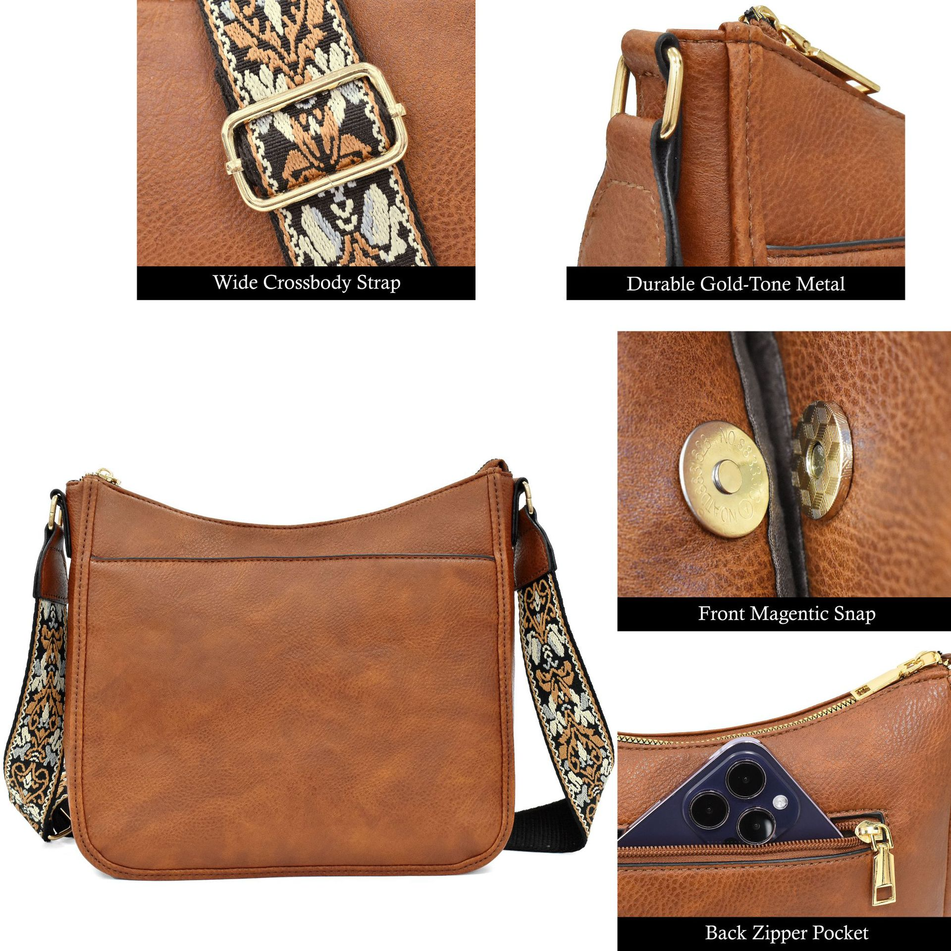 Damen Umhängetasche im Retro-Look ⎜ Schlichte Schultertasche mit gemustertem Gurt und großem Hauptfach