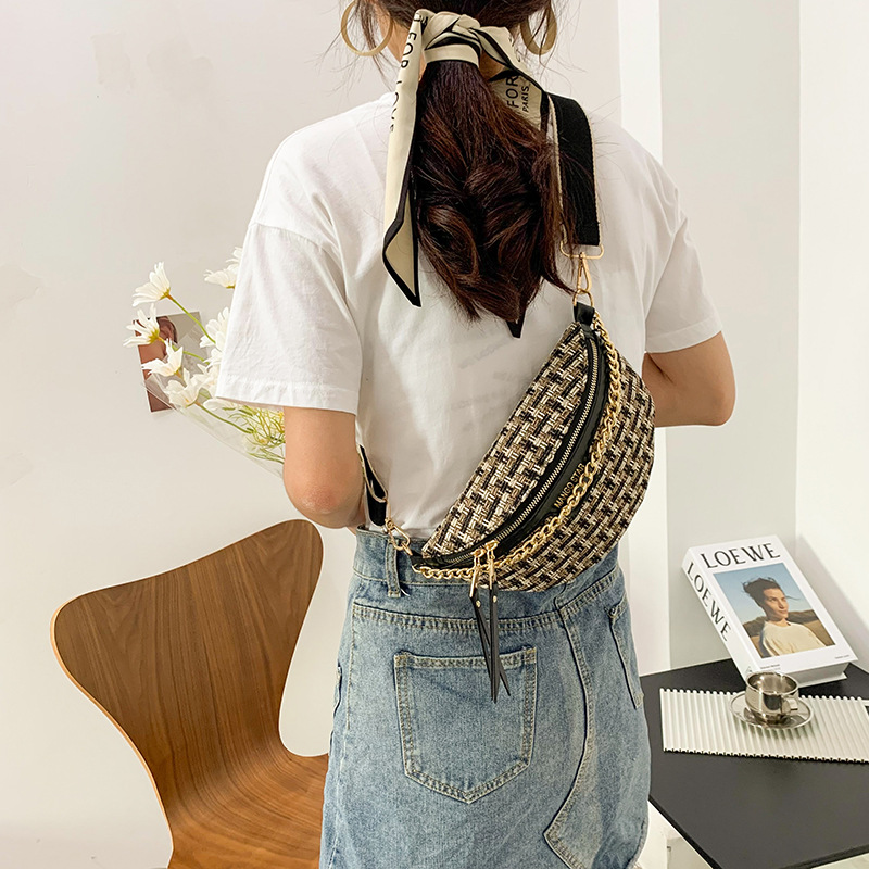 Damen Schultertasche mit Kettenriemen ⎜ Modisches Tweed-Design mit Reißverschluss und breitem Tragegurt